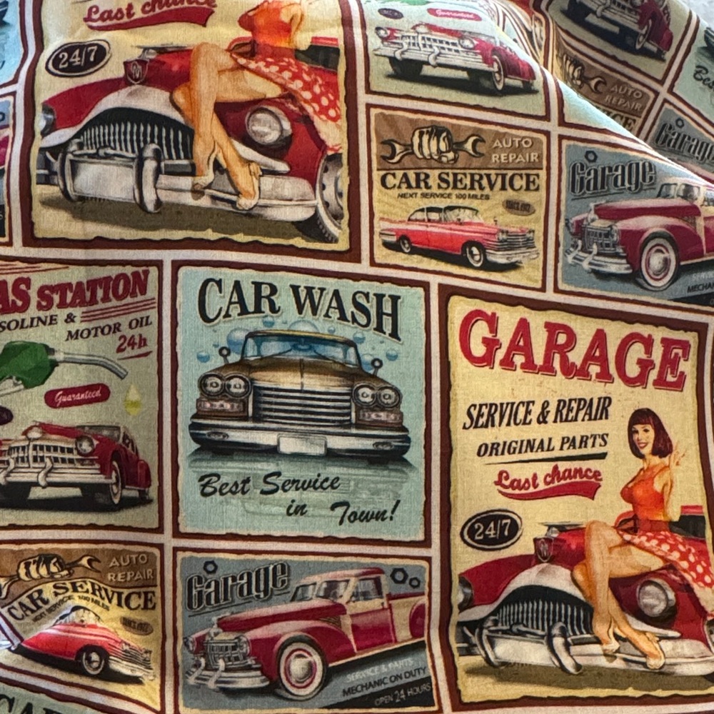 New 2 yards Vintage Car/Garage Print Fabric great quilting and gifts